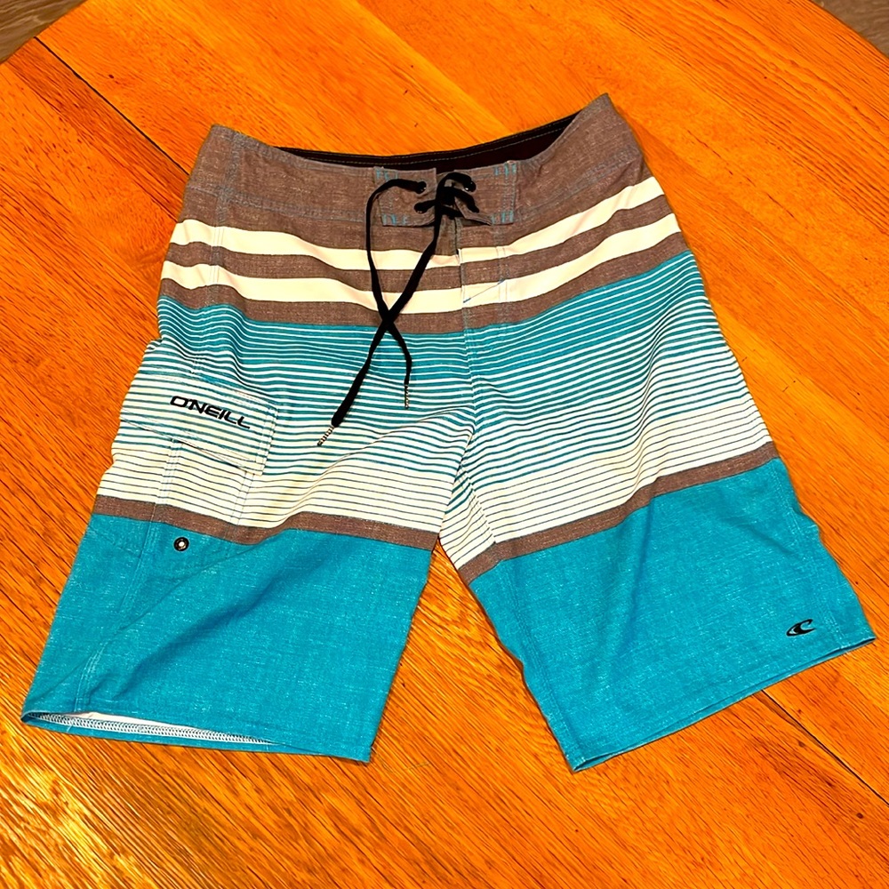 O’Neill Board shorts, men’s 28W, 21” outseam, 10” inseam, blue, what, and gray
